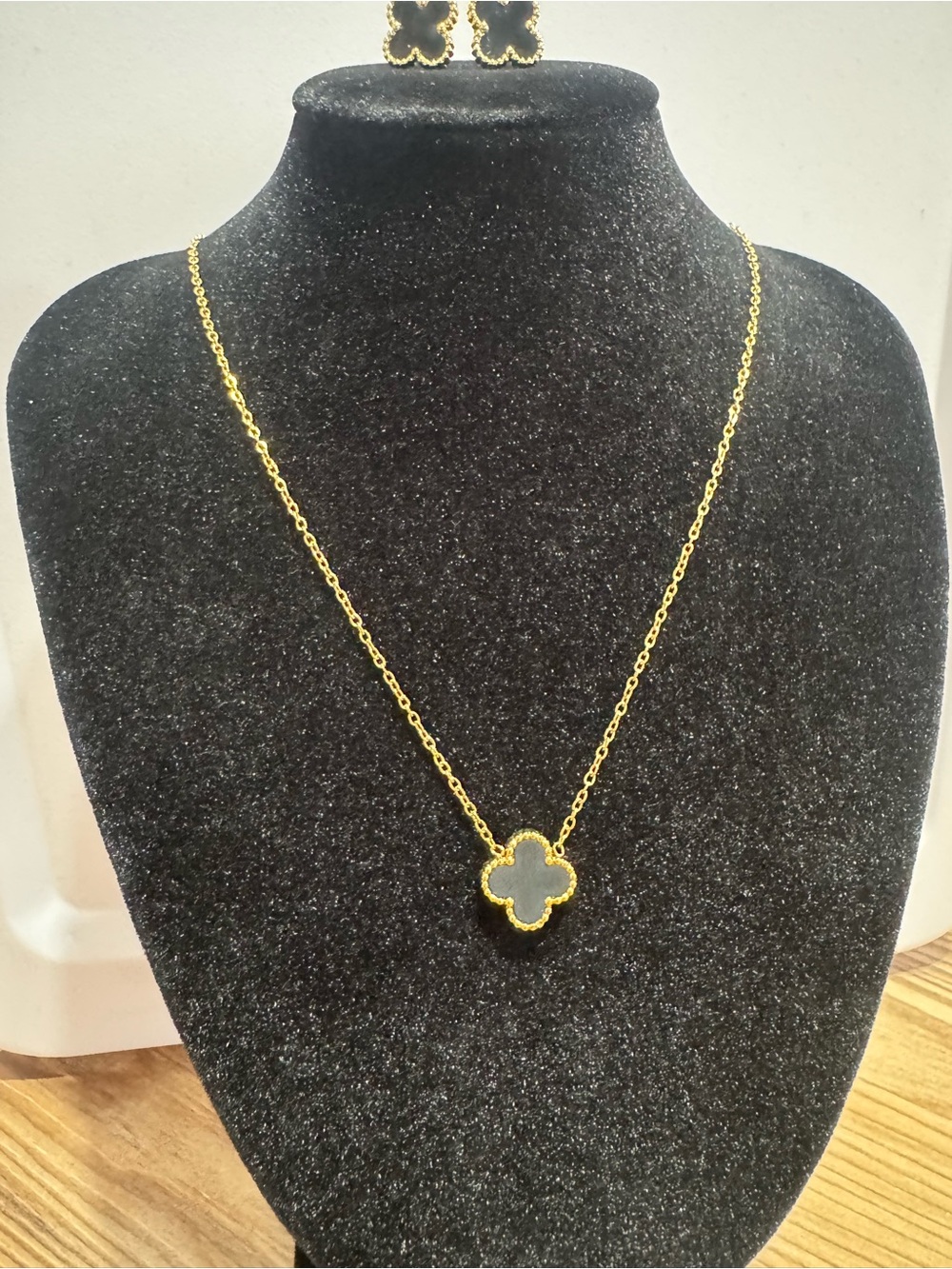 Gold Clover Pendant Necklace with Black Inlay - Women Jewelry